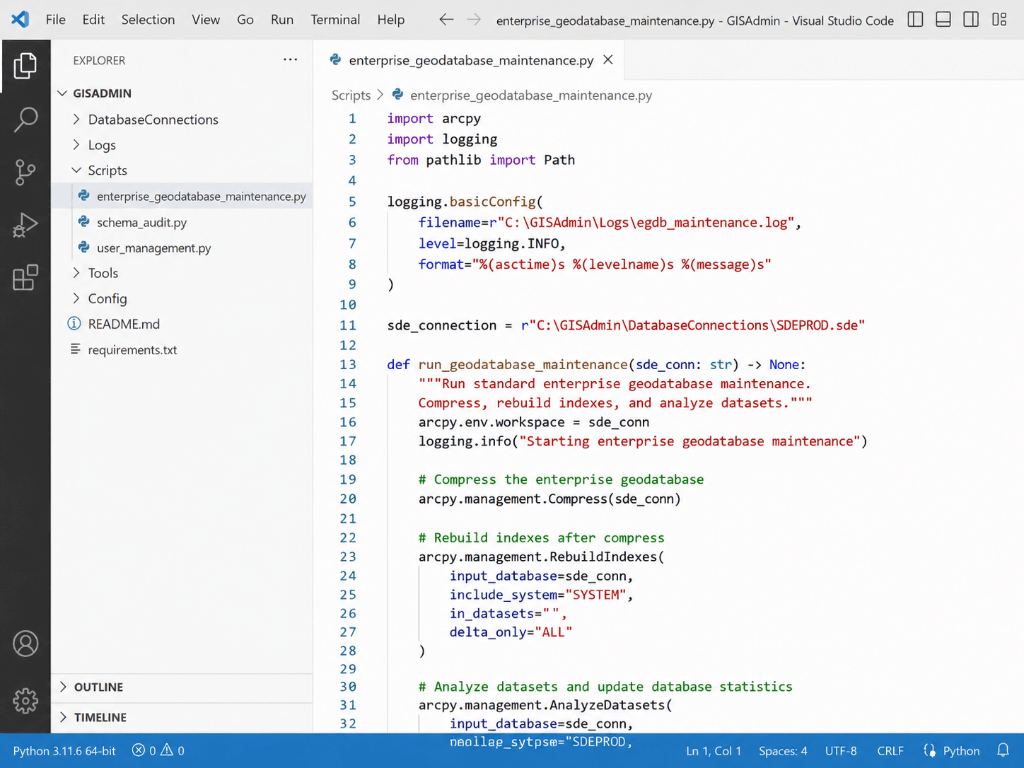 Enterprise geodatabase maintenance script in Visual Studio Code